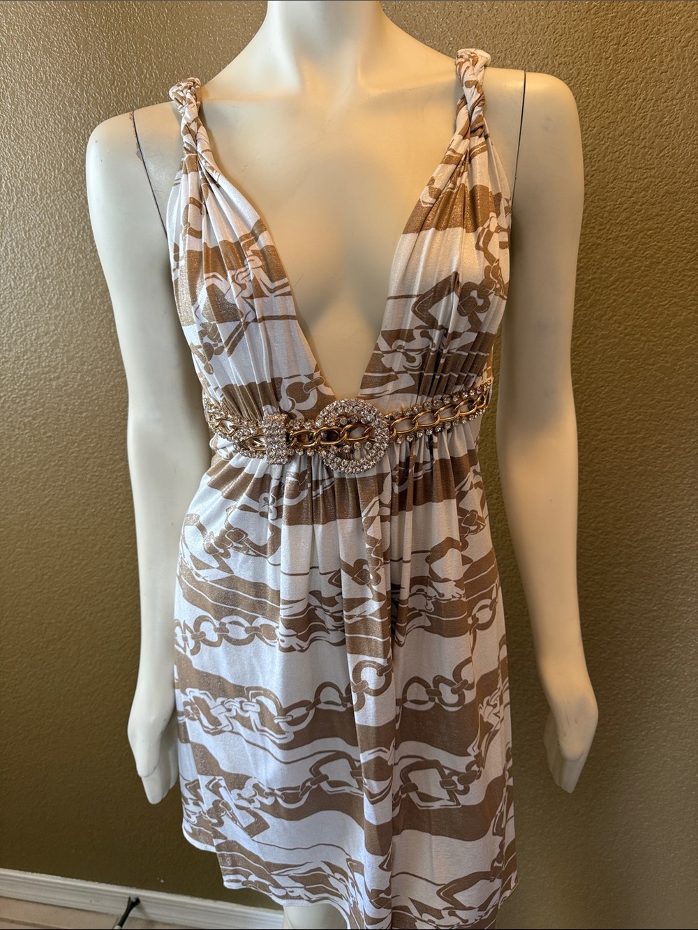 Y2K Vintage Sky Cream and Gold Chain-Print Plunge Neck Dress